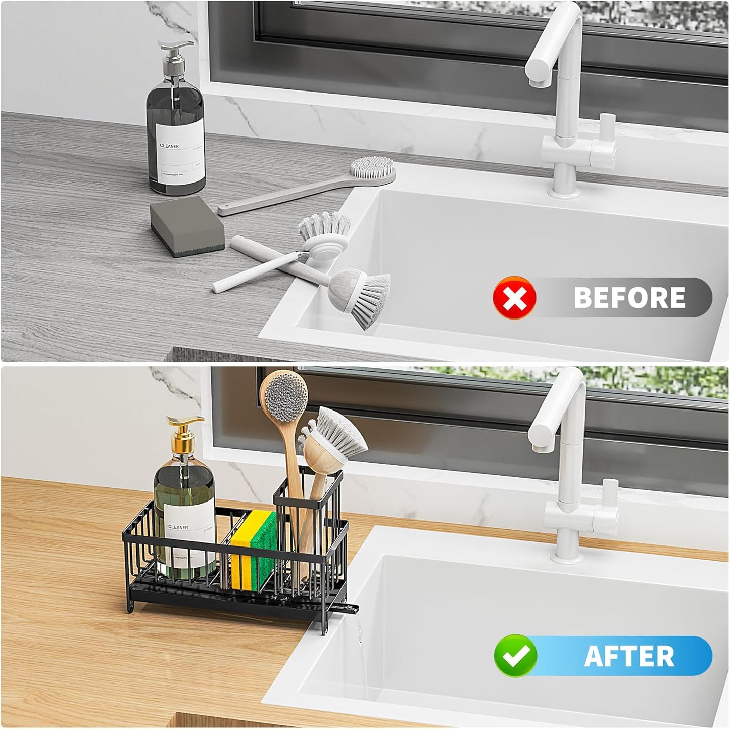 Black Sponge Holder for Kitchen Sink, Sink Caddy Organizer with High Brush Holder, Storage Essentials, Rustproof 304 Stainless Steel