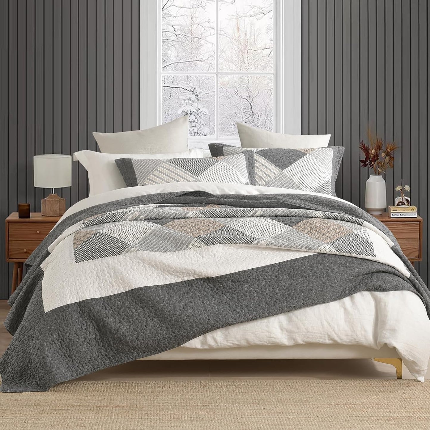 Cotton King Quilt Bedspread Set for King Bed, 3 Pcs, Dark Gray/White/Brown