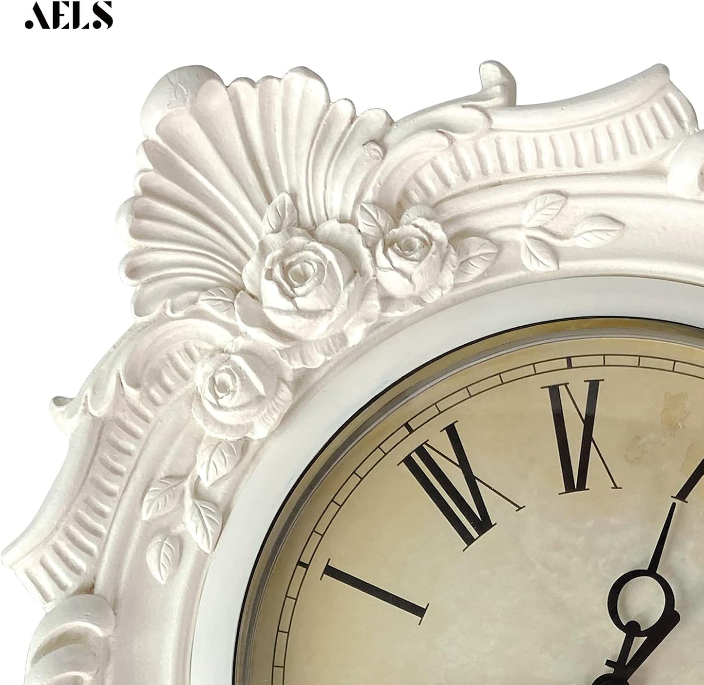 Vintage Wall Clock, European Style, Quality Quartz Battery Operated, Distressed White Grey,13X11 Inch