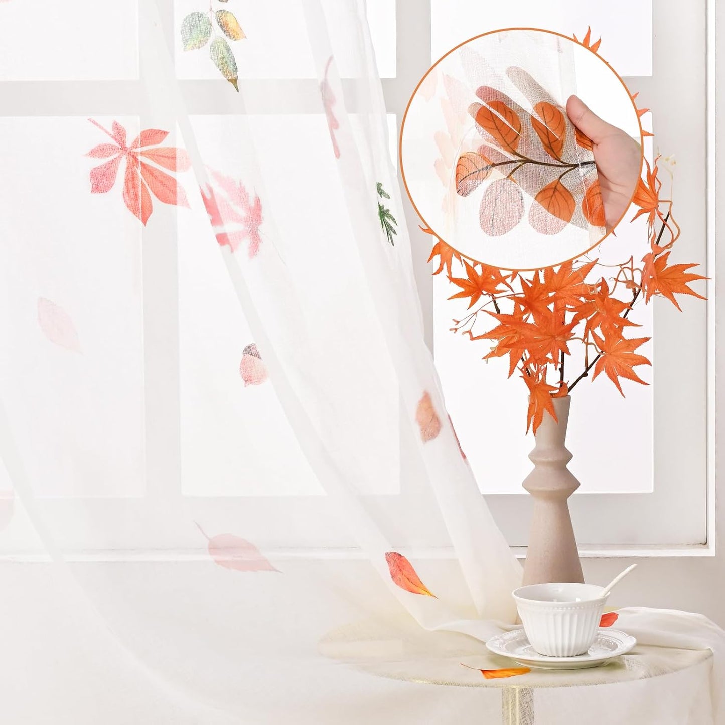 Fall Sheer Curtains, Maple Leaves Semi Window Curtains for Living Room, Light Filter Curtains 2 Panels Set, 52×84 Inch