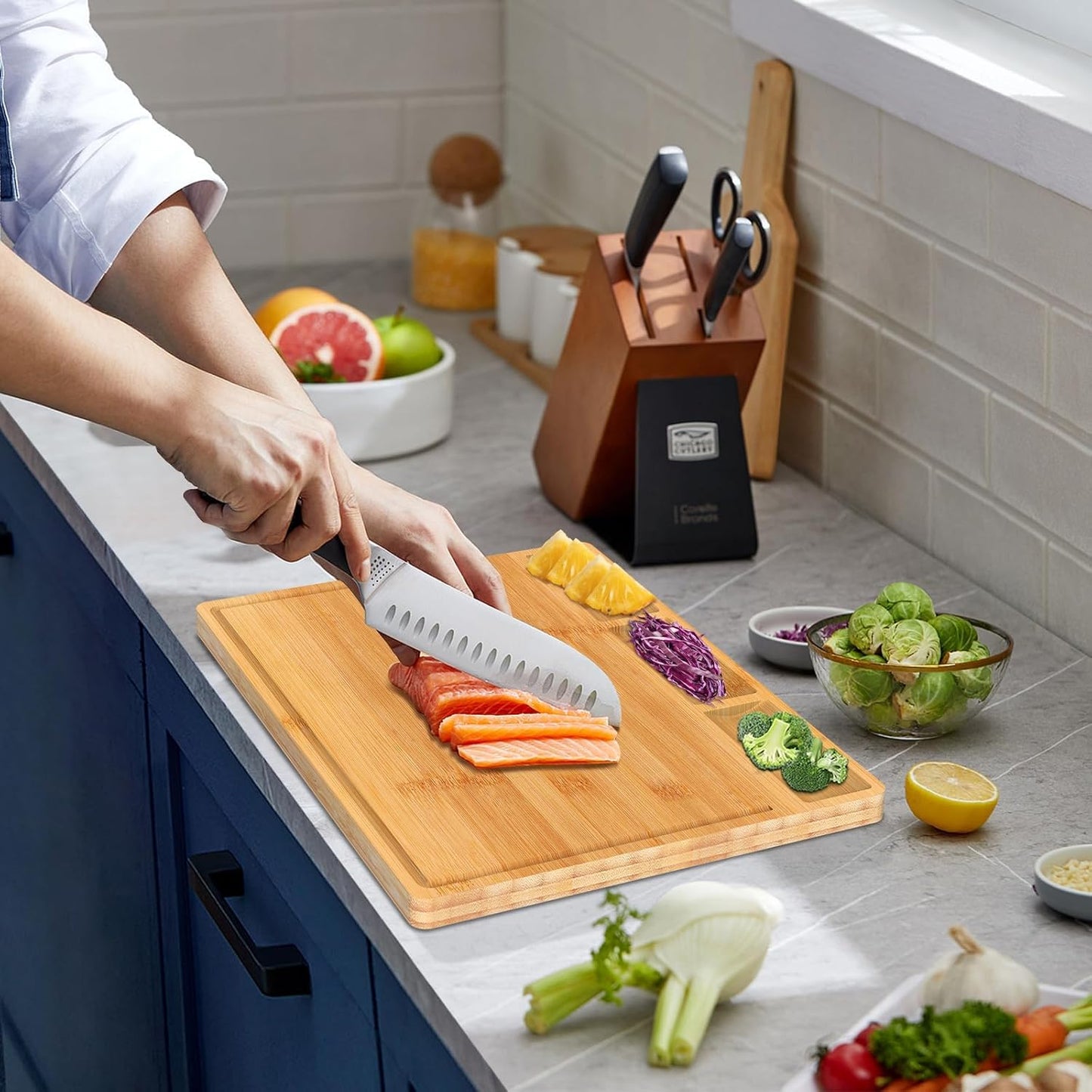 Cutting Boards, Large Bamboo Chopping Board, Built-In 3 Compartments and Juice Grooves(17 X 12.6")