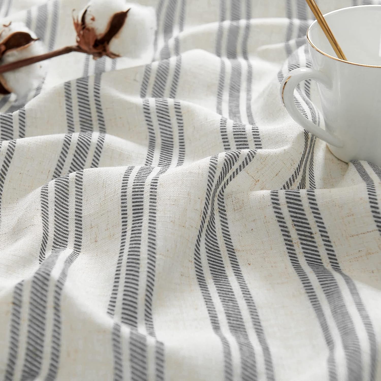 Linen Striped Kitchen Curtains 24 Inch Farmhouse Small Cafe Curtains Balanced Stripe Half Window, 2 Panels Black on Beige