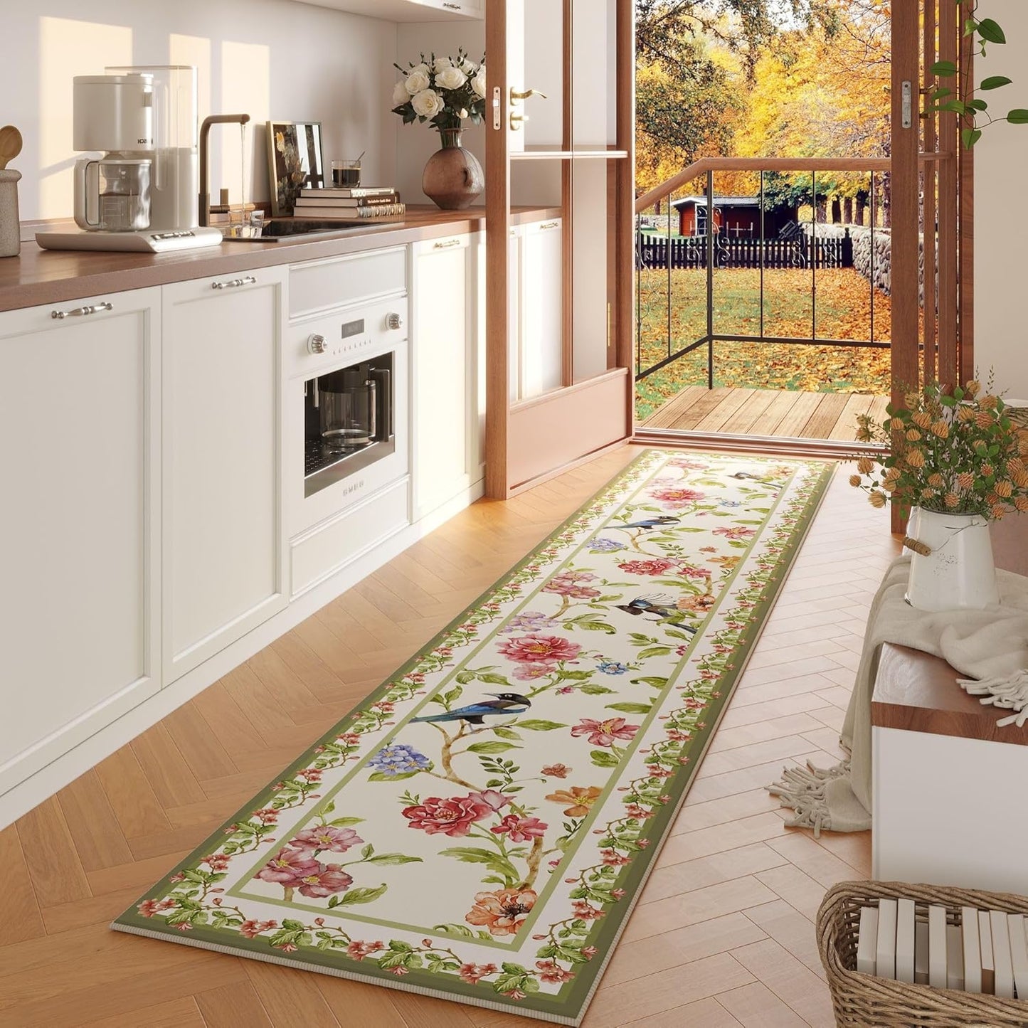Runner Rug Non-Slip 2'X10' Long Washable with Rubber Backing, Soft Floral Bird Magpies Animal Carpet (White)