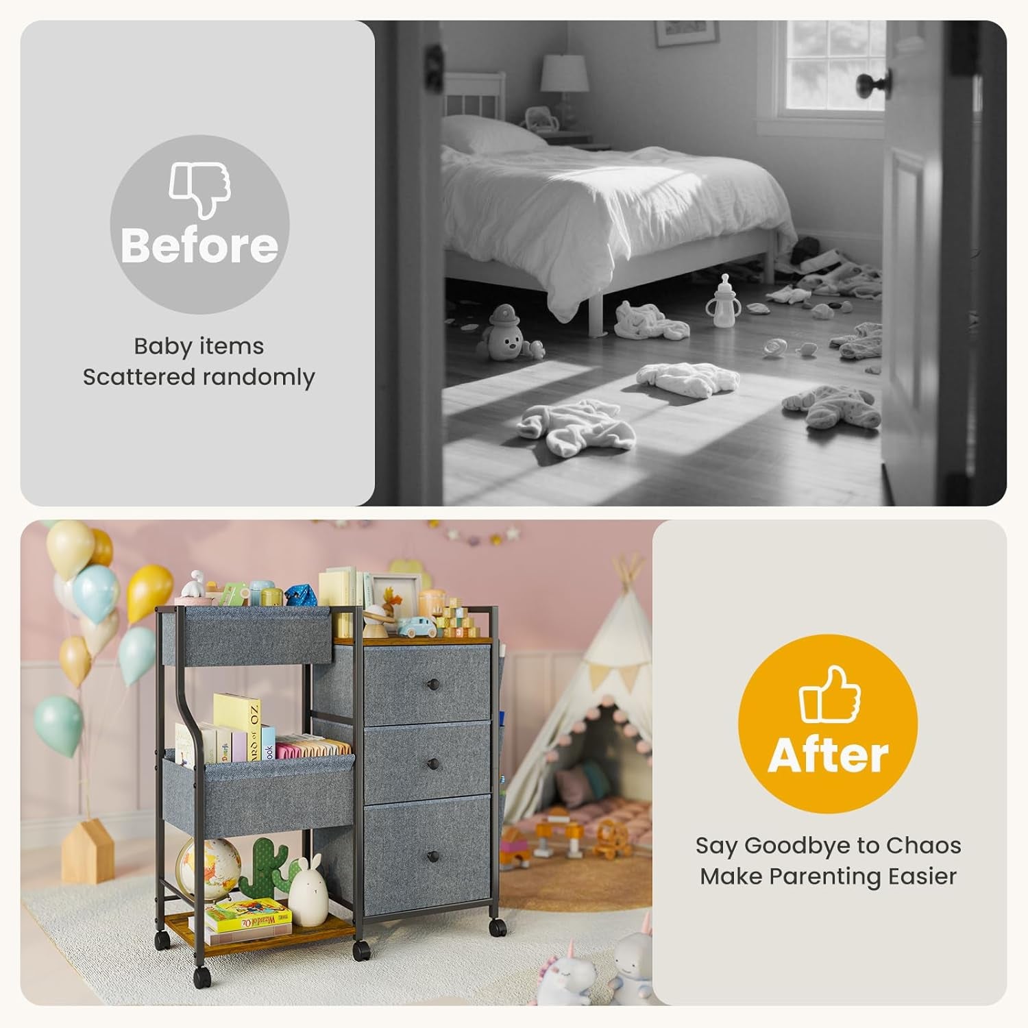 Baby Diaper Caddy, 3 Tier Baby Organizer and Storage Cart with Dividers and Drawers, Mobile Utility Rolling Cart, Grey