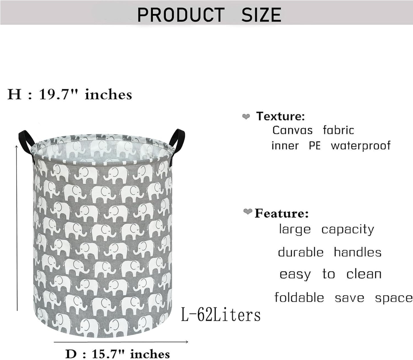 Baby Laundry Basket Kids Elephant Pattern Hamper, Large Storage Decor