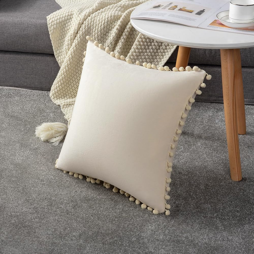 Couch Pillow Covers 20X20 Beige: 2 Pack Cozy Soft Pom-Poms Velvet Square Throw Pillow Cases for Farmhouse Home Decor