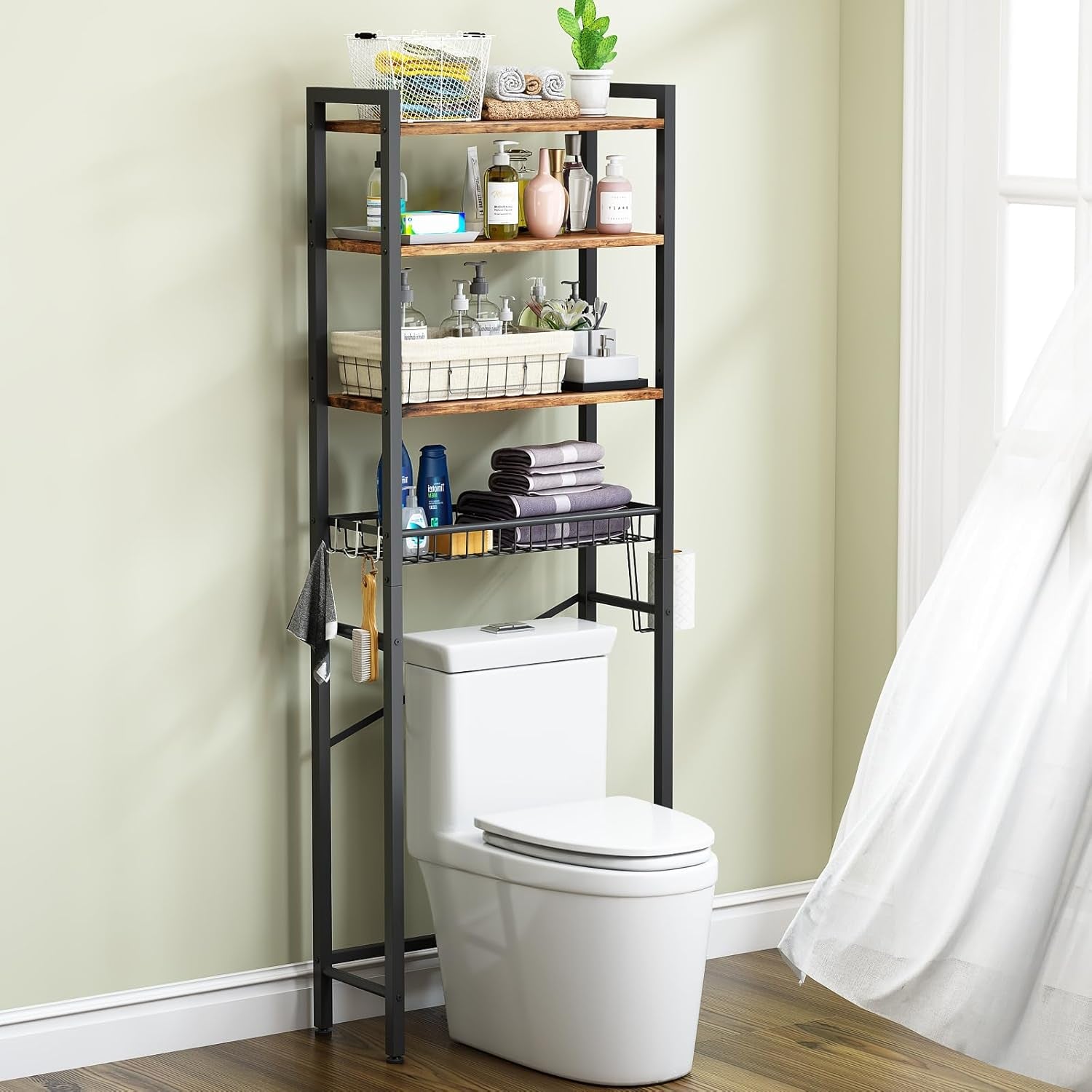 Over-The-Toilet Storage Rack, 4-Tier Bathroom Organizer Shelf over Toilet with Adjustable Shelf and Basket, (Vintage Brown)
