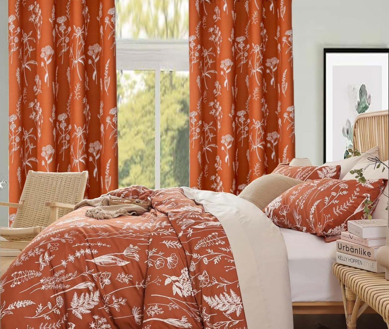 Burnt Orange Floral Curtains 100% Blackout Curtains for Bedroom 84 Inch Long 2 Panels,52Wx84L