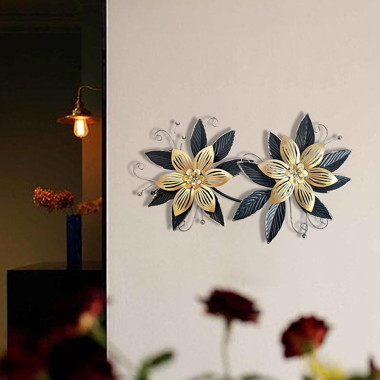 Black Gold Metal Flowers Wall Decor,15" 3D Multi-Layer Modern Floral Art, Rustic Distressed Hanging Decor for Indoor, Bedroom Living Room Garden Patio, Home Decoration Accent