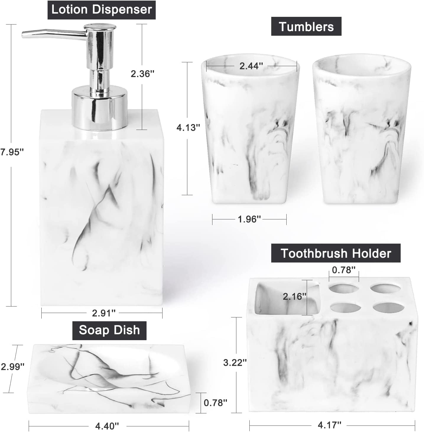 Bathroom Accessories Set, 5 Pcs Marble, Ink White