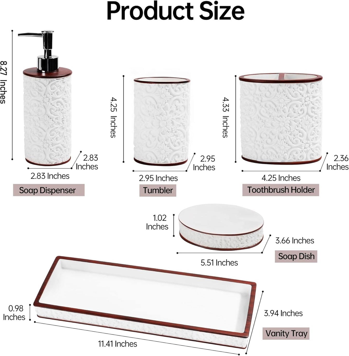 Bathroom Accessories Set, Elegant Handmade Floral Pattern, 5 Pcs, White