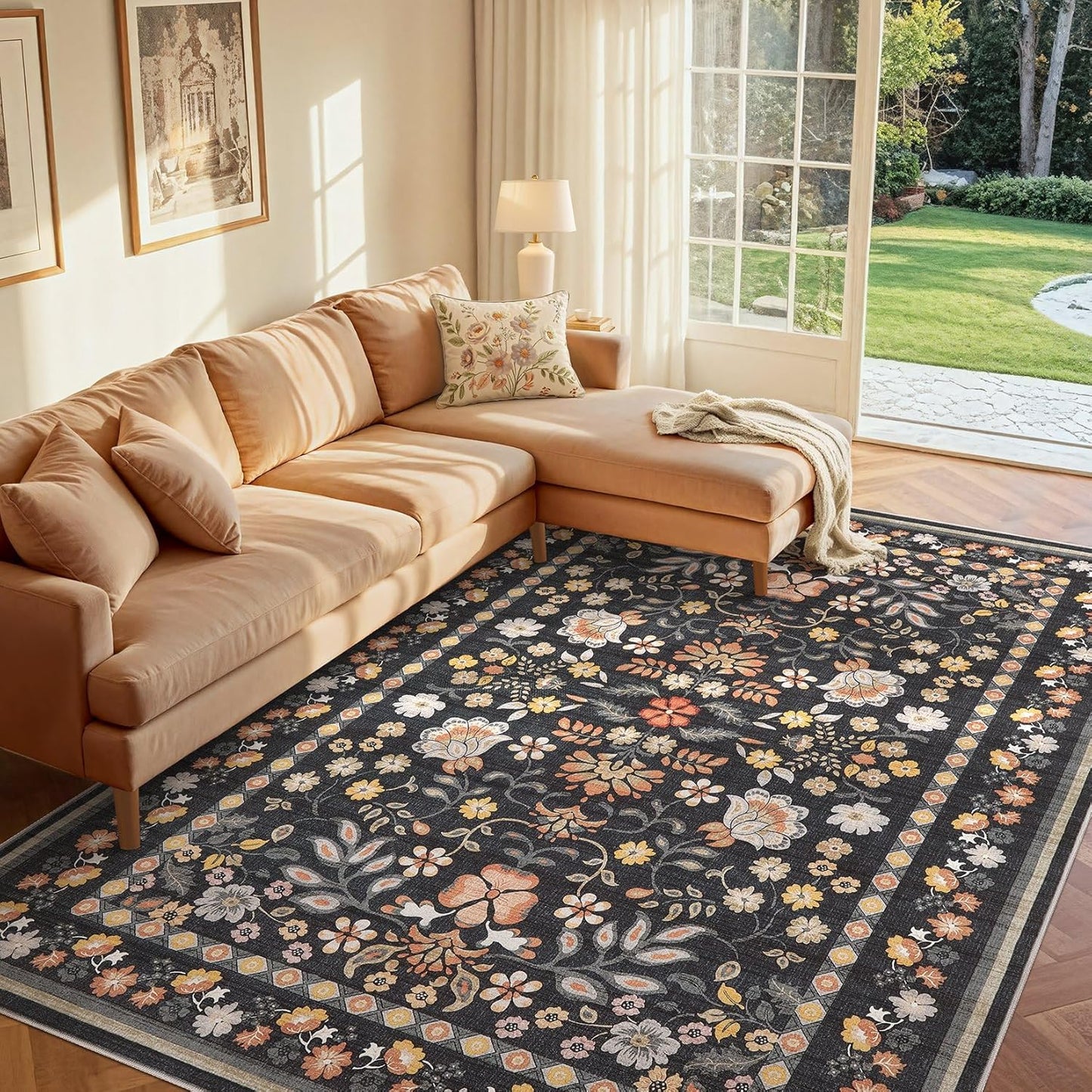 5X7 Area Rug Living Room Rugs - Washable Boho Vintage Floral Large Soft Non-Slip Thin Rug Low Pile Carpet- Black Grey