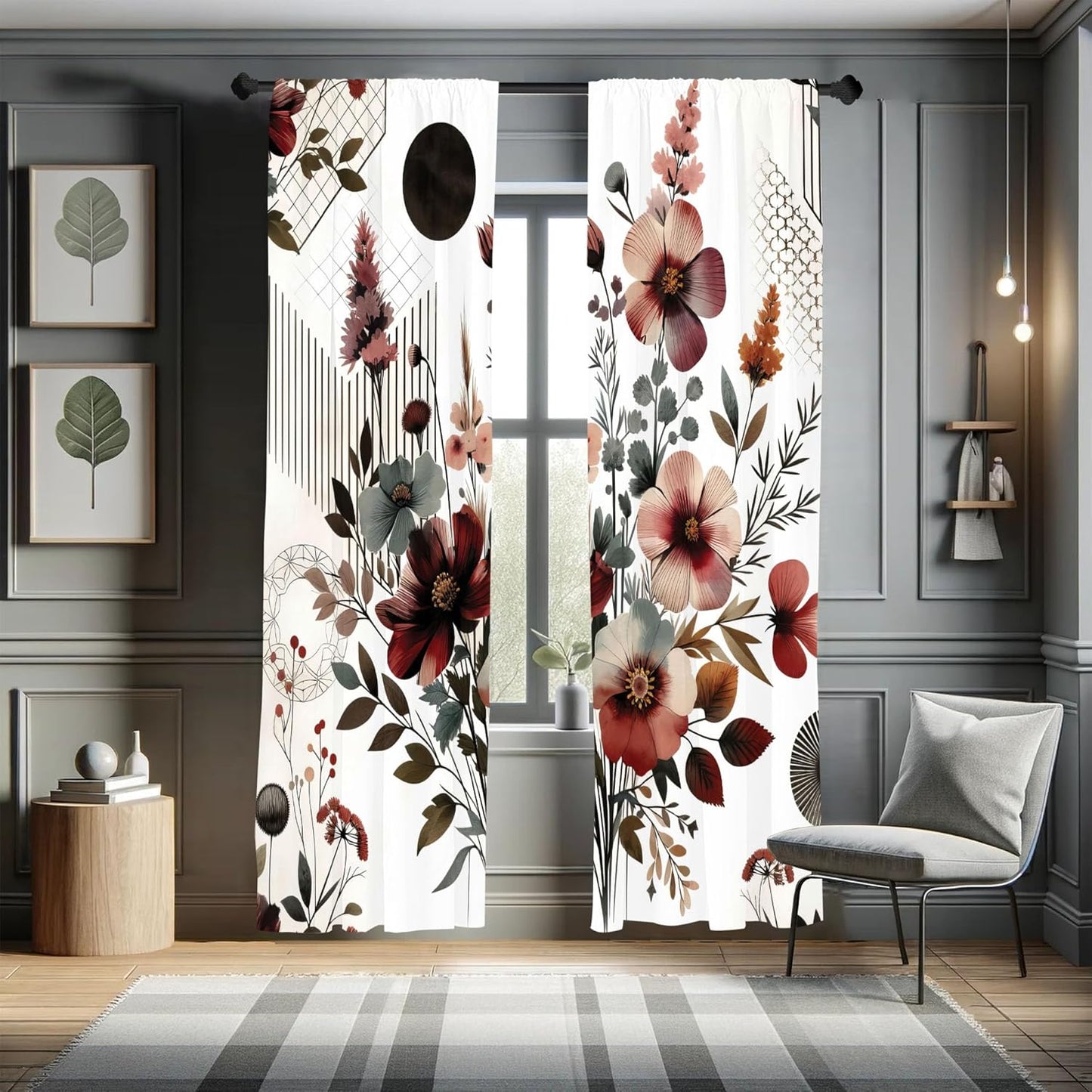 Floral Window Curtains, Mid Century Modern Rounds Chevrons and Stripes Ornate Leafy Wildflowers,2-Panel Set & Rod Pocket, Pair of - 28" X 84", Maroon Dark Sea Green