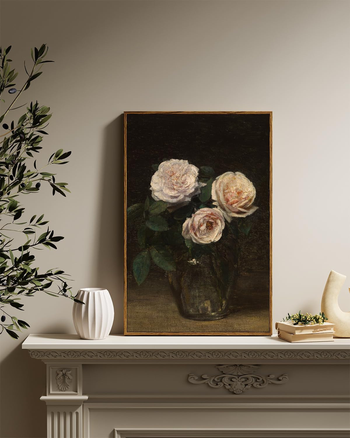 Framed Wall Art, Roses in Glass Vase Vintage Flower Prints Classical Oil Painting,16X24In