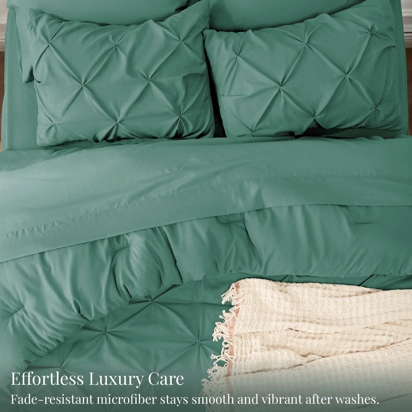 Queen Comforter Set - 7 Pieces Comforters, Pintuck Bedding Sets for All Season, Bed in a Bag with Flat Sheet and Fitted Sheet, Pillowcases & Shams, Pea Green