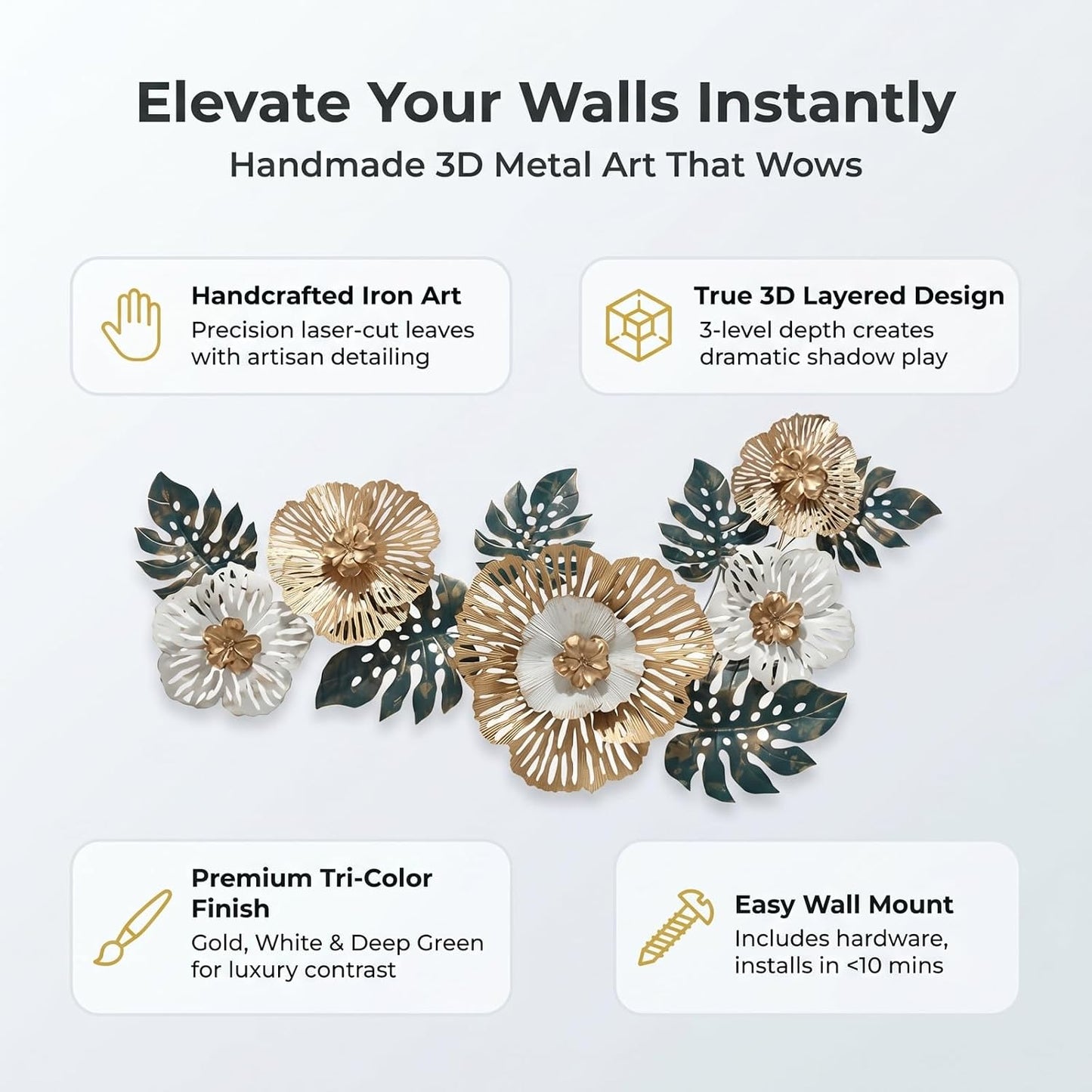 Large Modern Metal Wall Art, 3D Gold, White & Green Monstera Leaf Wall Sculpture, 43.3"L X 18.5"W