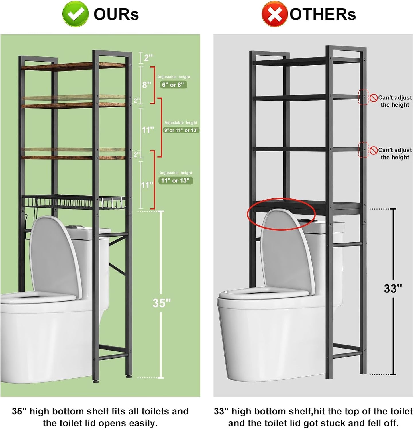 Over-The-Toilet Storage Rack, 4-Tier Bathroom Organizer Shelf over Toilet with Adjustable Shelf and Basket, (Vintage Brown)