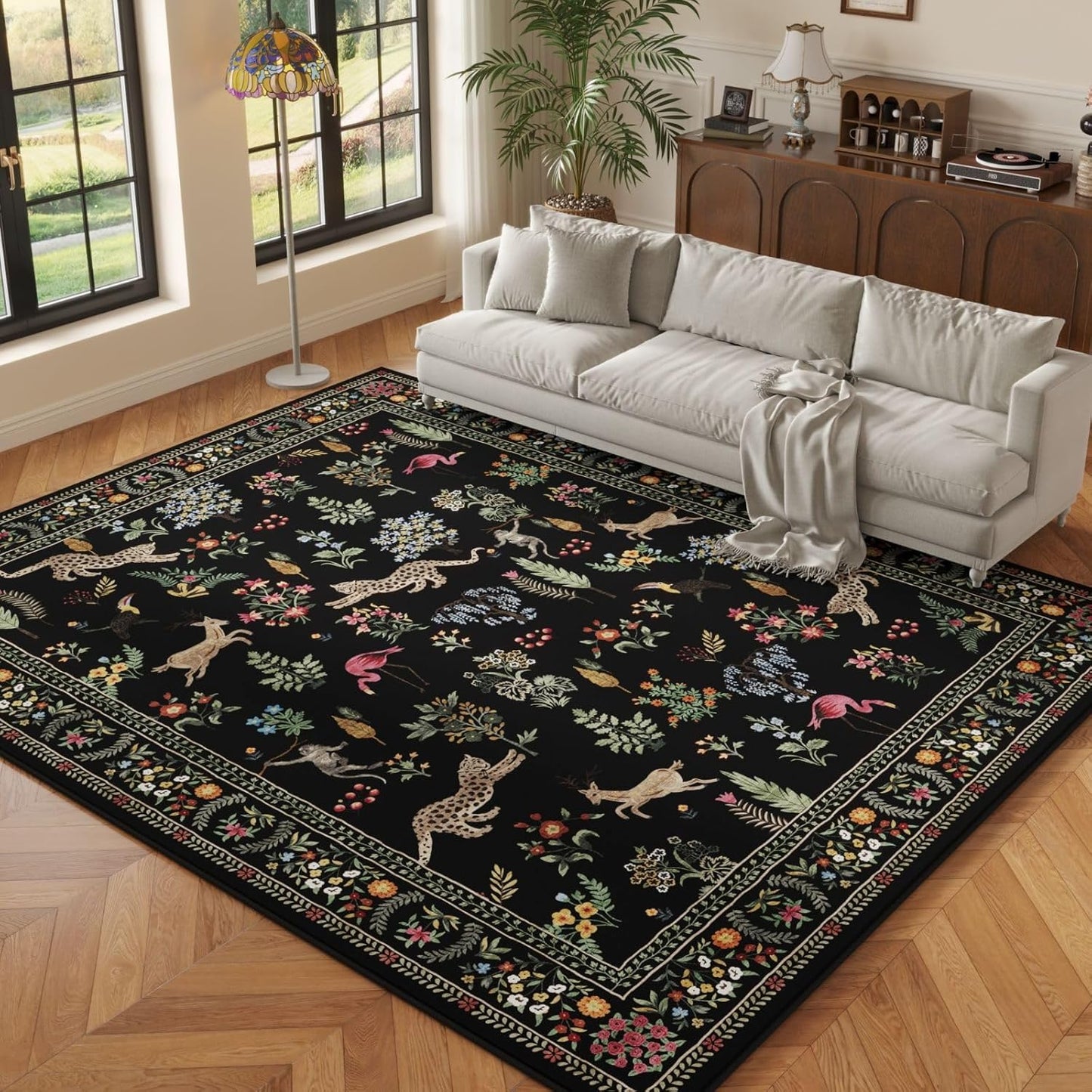 Living Room Rug 5X7 Rug Machine Washable Boho Area Rug Non-Slip Floral Animal Vintage (Black)