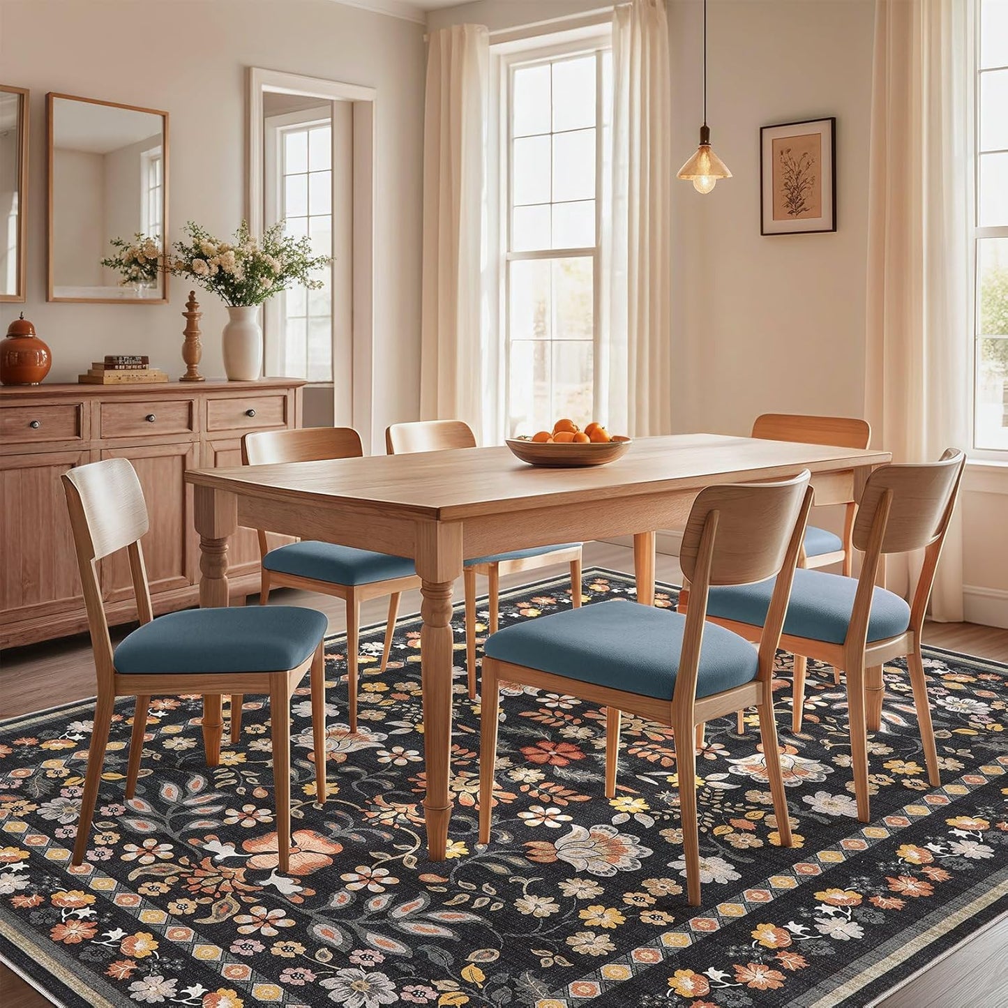 5X7 Area Rug Living Room Rugs - Washable Boho Vintage Floral Large Soft Non-Slip Thin Rug Low Pile Carpet- Black Grey