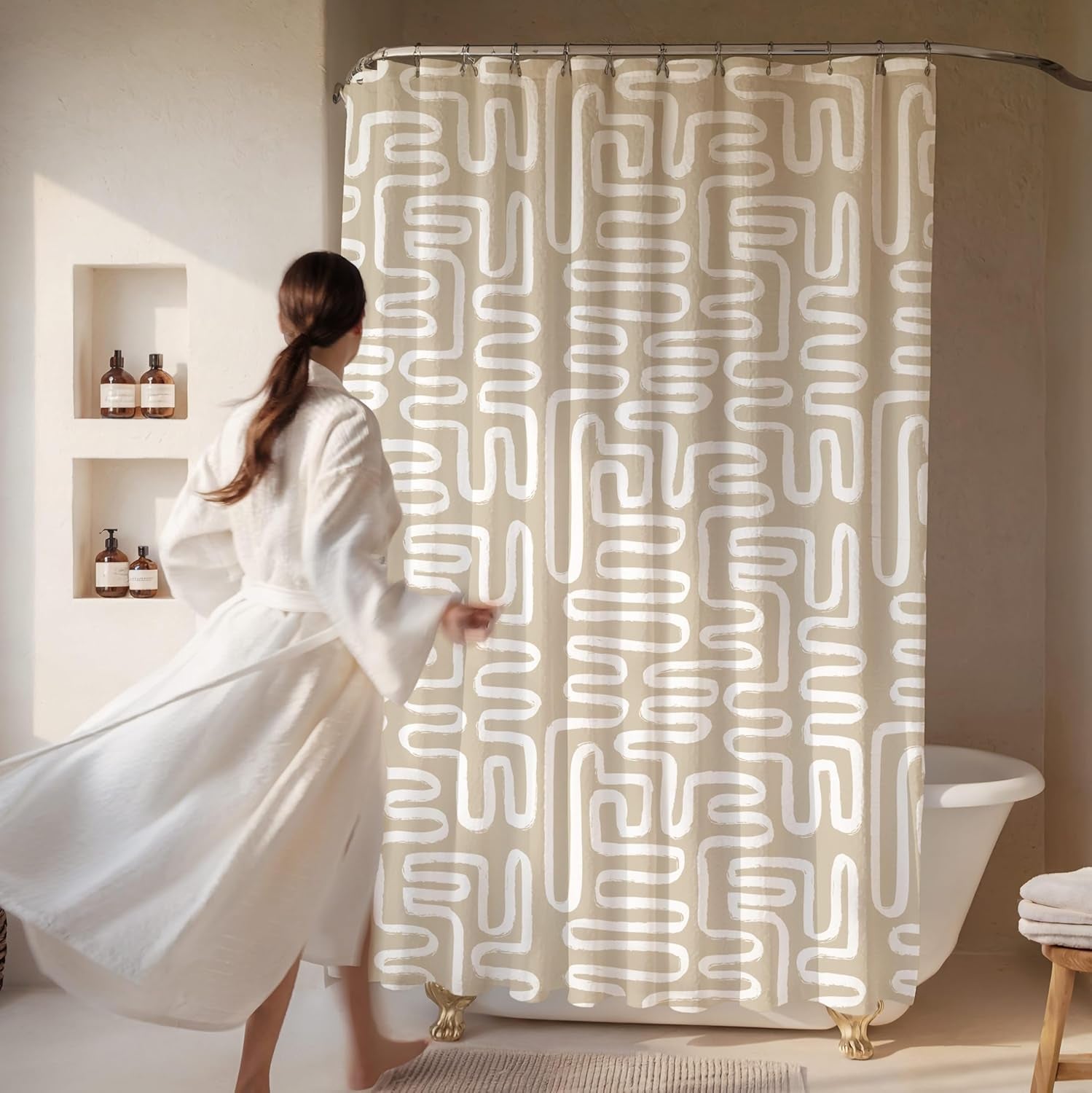 Linen Beige White Abstract Print Shower Curtain - Boho Pattern - Modern Minimalist Home Decor - Neutral Scandi Style, 72X72 Inches (Linen Lines)