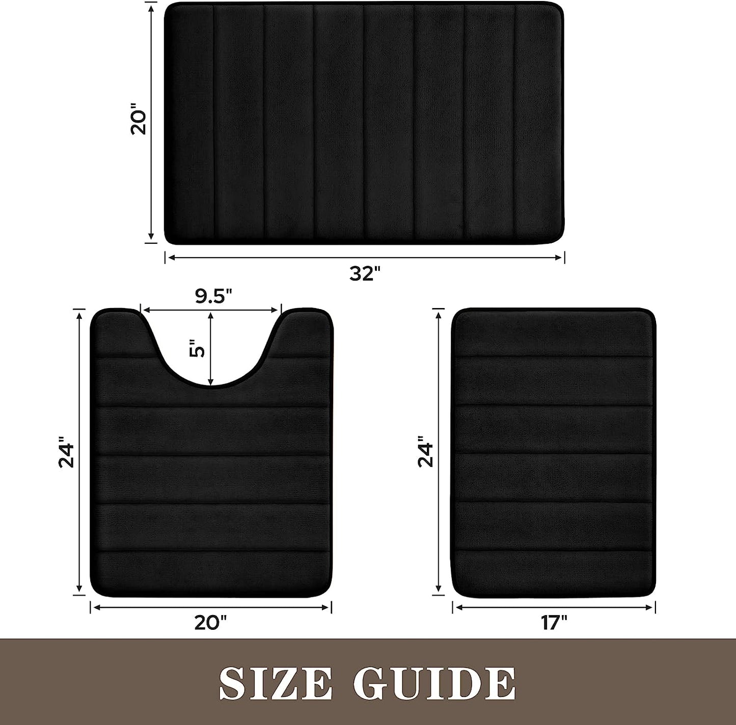Black Memory Foam Bathroom Rug Set 3 Piece
