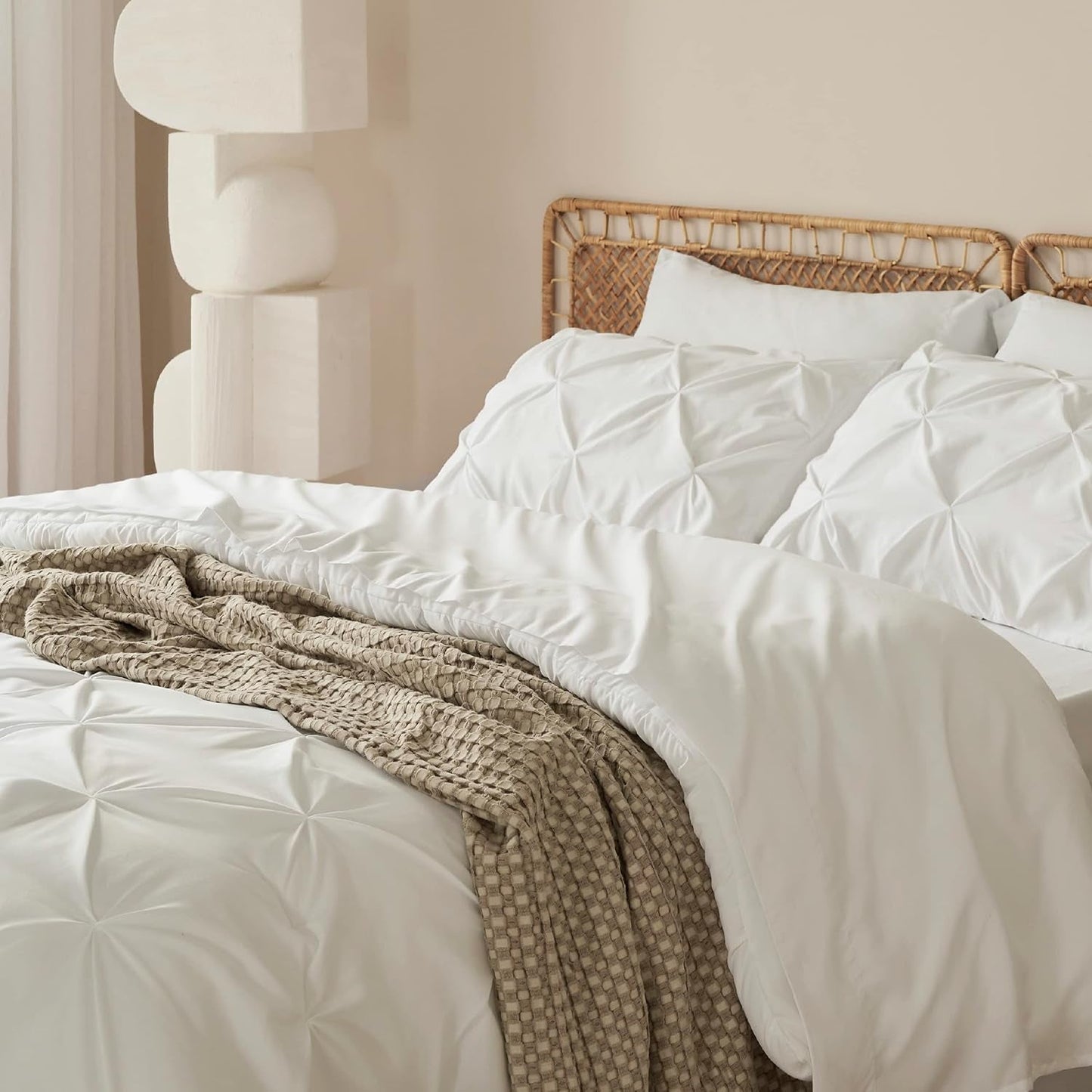 Ivory Comforter Set Queen - Bed in a Bag Queen 7 Pieces, Pintuck Bedding Sets Ivory Bed Set with Comforter, Sheets, Pillowcases & Shams