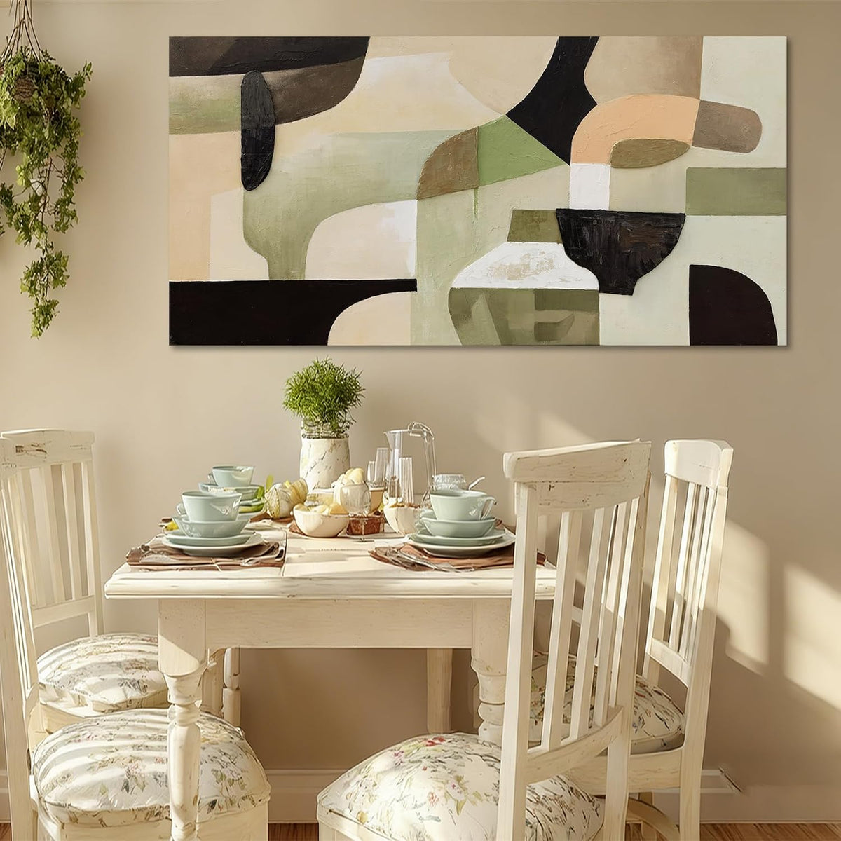 Modern Abstract Green Beige Canvas Wall Art for Living Room 24X48 Inch