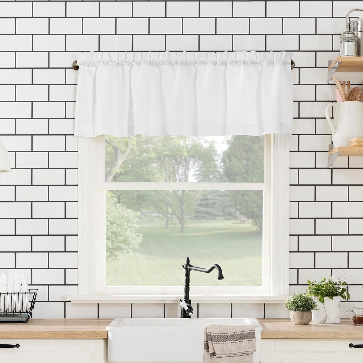 Martine Microfiber Semi-Sheer Rod Pocket Kitchen Curtain Valance and Tiers Set, 54" X 36", White