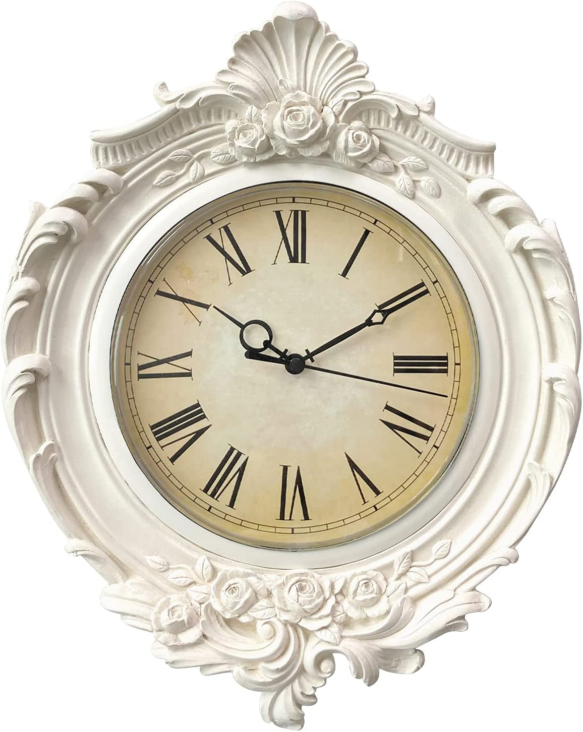 Vintage Wall Clock, European Style, Quality Quartz Battery Operated, Distressed White Grey,13X11 Inch