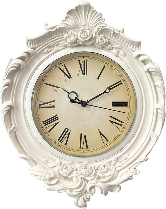 Vintage Wall Clock, European Style, Quality Quartz Battery Operated, Distressed White Grey,13X11 Inch