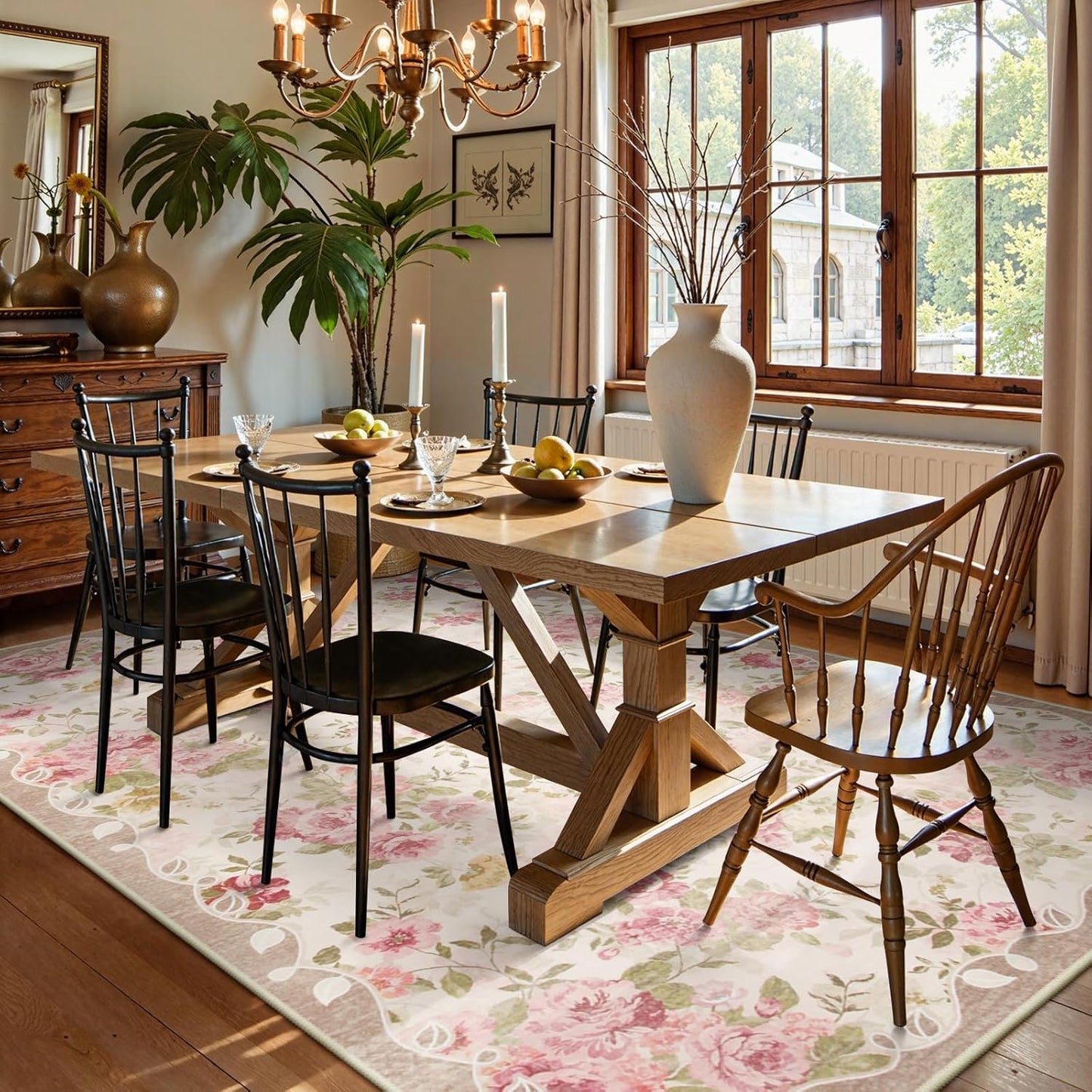 Floral Washable Rugs 5X7, Rugs for Living Room Boho Area Rug, Vintage (5'X7, Beige)