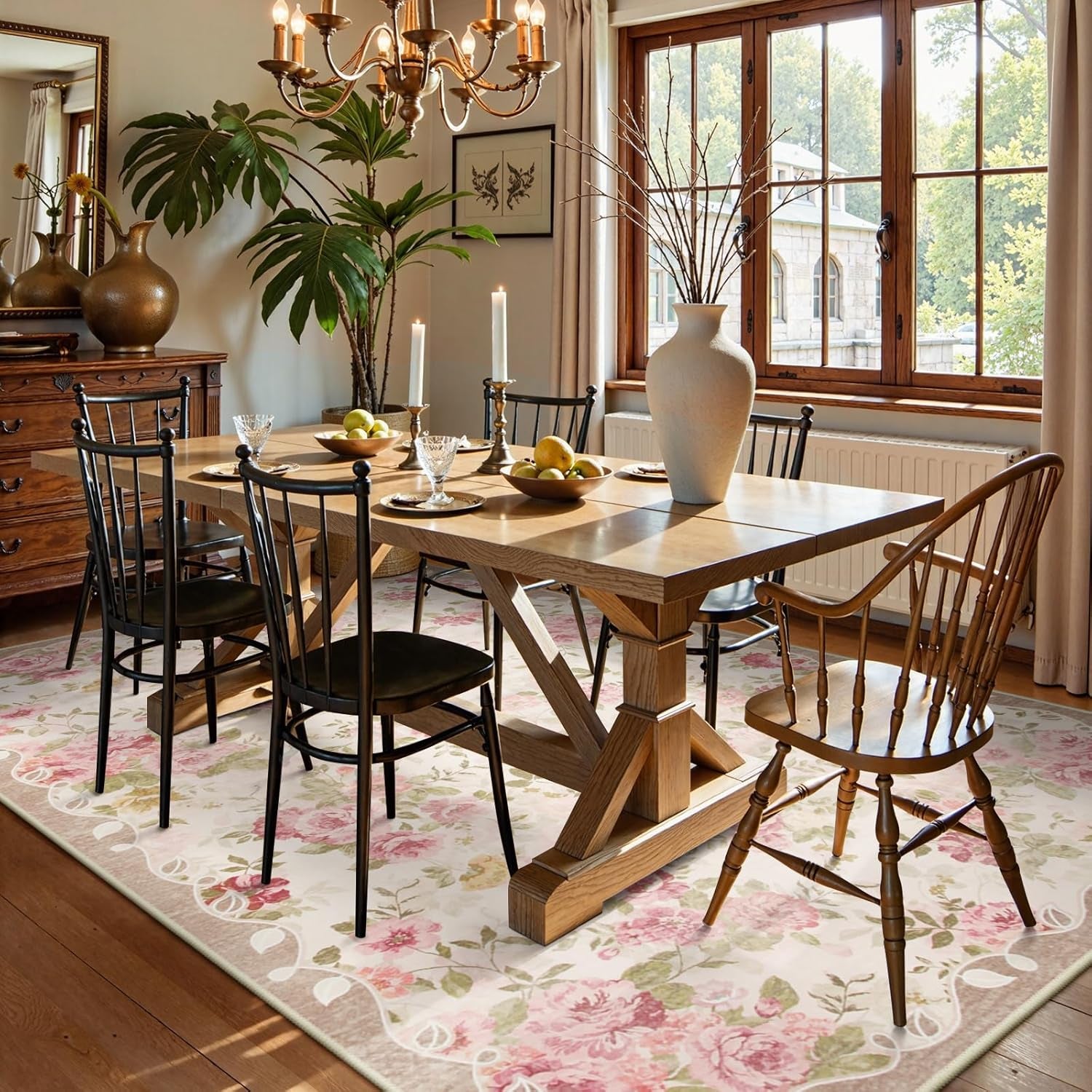 Floral Washable Rugs 5X7, Rugs for Living Room Boho Area Rug, Vintage (5'X7, Beige)