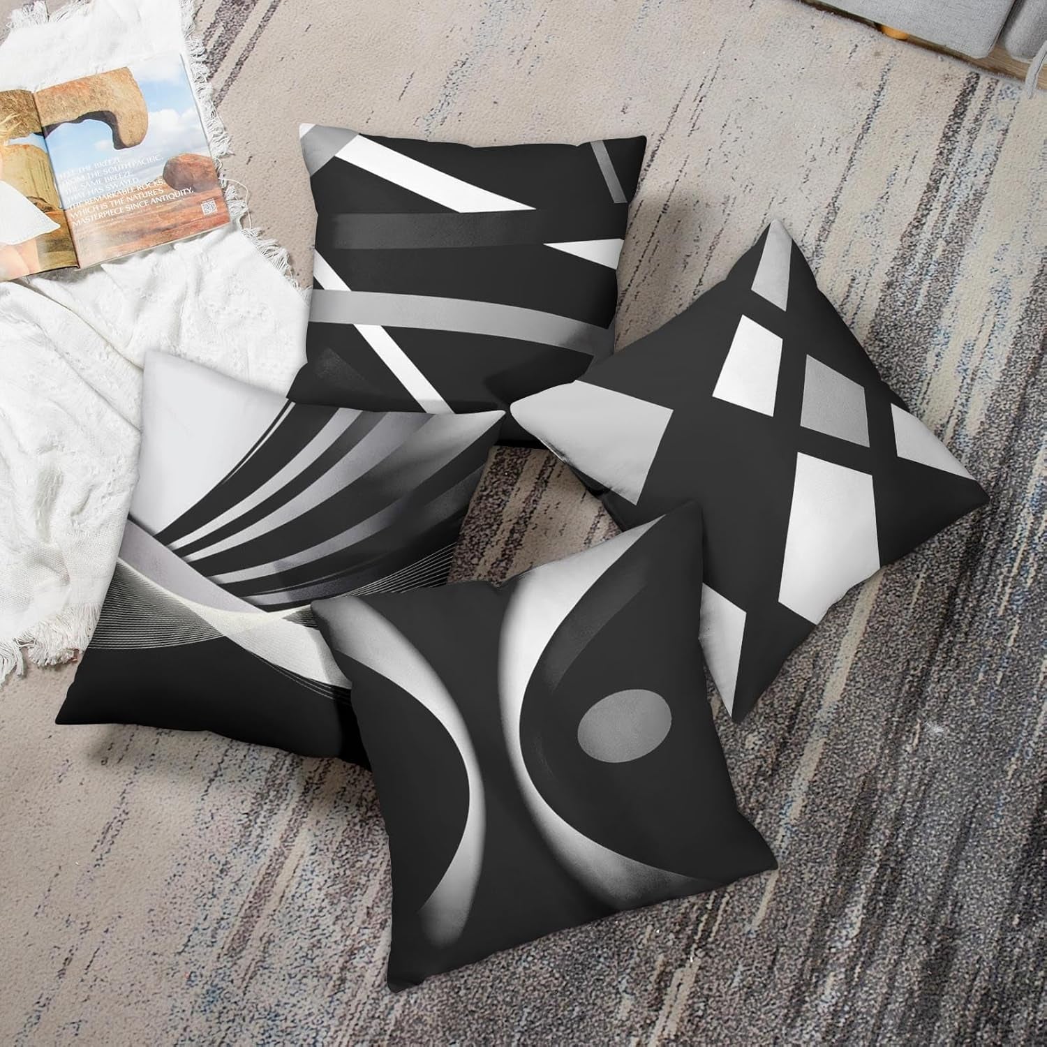 Set of 4 Black Throw Pillow Covers Modern Abstract Grey & White Stripes 20X20 Inches
