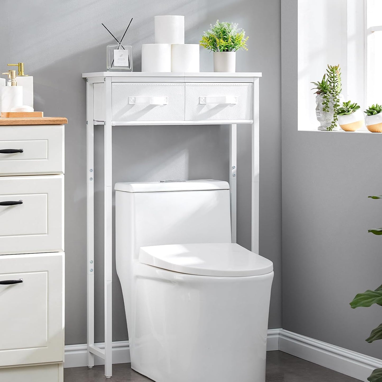 2-Tier over the Toilet Storage with 2 Fabric Drawers, Freestanding above the Toilet Storage Cabinet, Shelf for Small Space, White