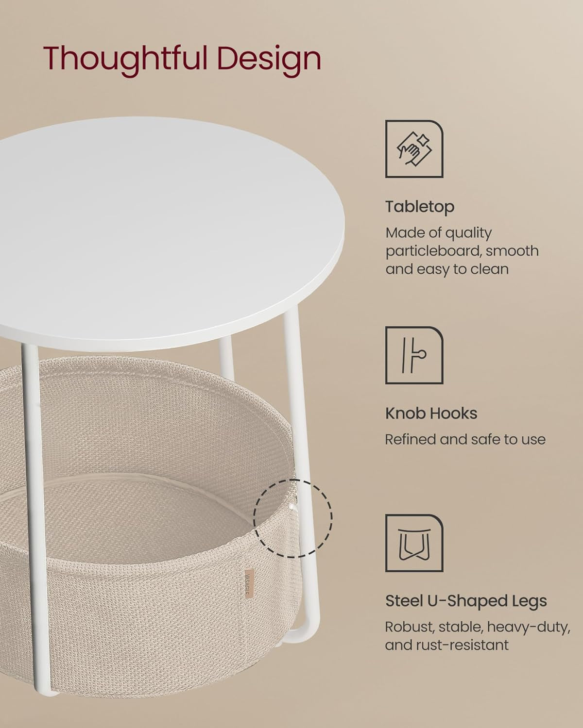 End Table, Small Bedside Table with Fabric Basket, Modern Nightstand, round Side Table, for Living Room, Bedroom, Matte White and Camel Brown ULET223W10