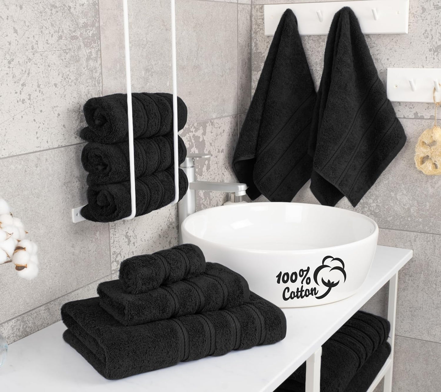 Luxury 6 Piece Towel Set,100% Cotton, Black Towel Sets