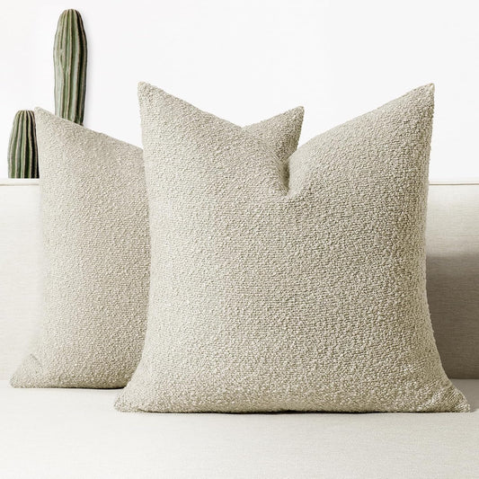 Throw Pillow Covers 20 X 20 Inch, Set of 2, Decorative Soft Solid Boucle Textured Pillow Cover, Beige