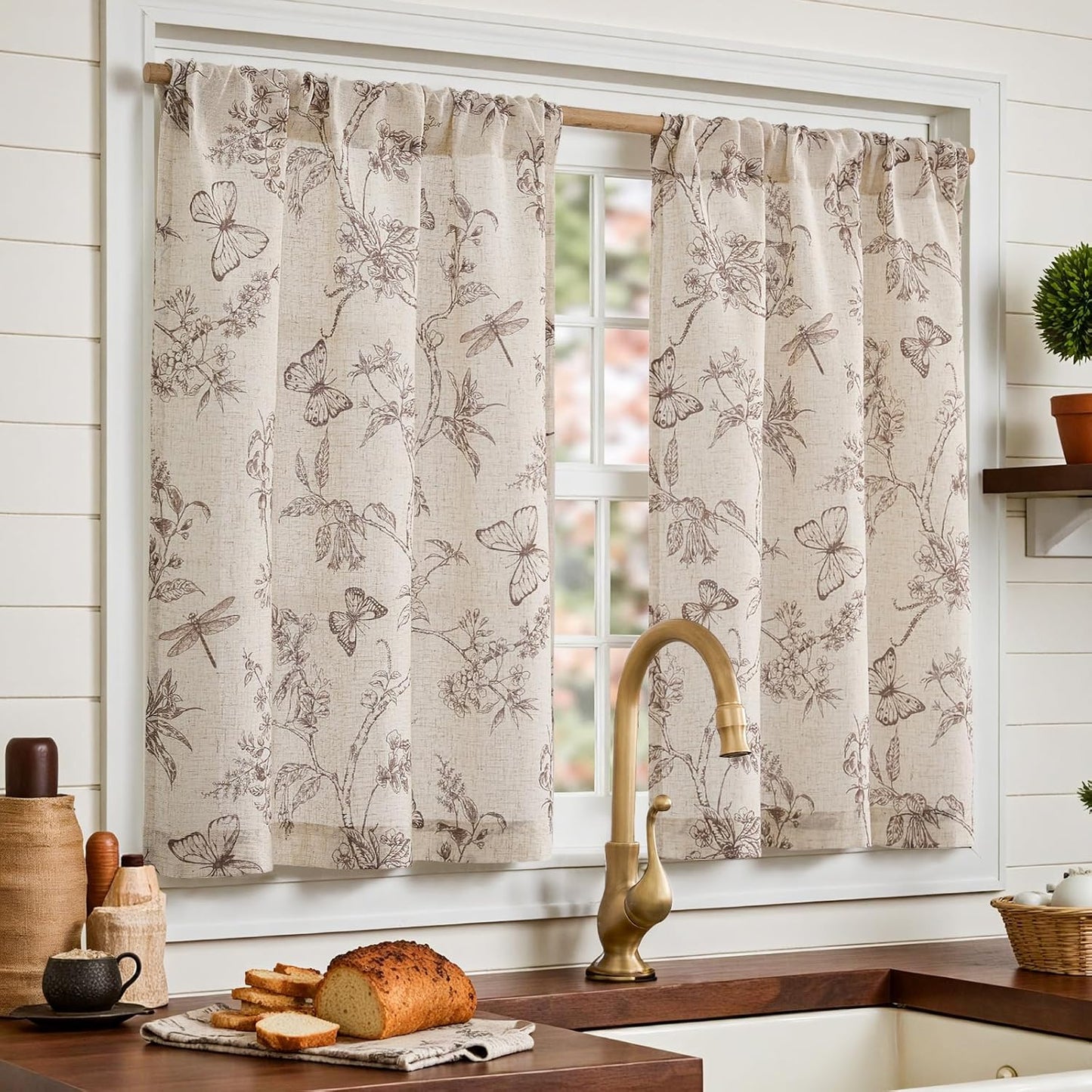 Floral Kitchen Curtains for Windows 36 Inch Farmhouse Country Linen Tier Curtains, Botanic Small Window Drapes, Rod Pocket Rustic 2 Panels Tan on Beige