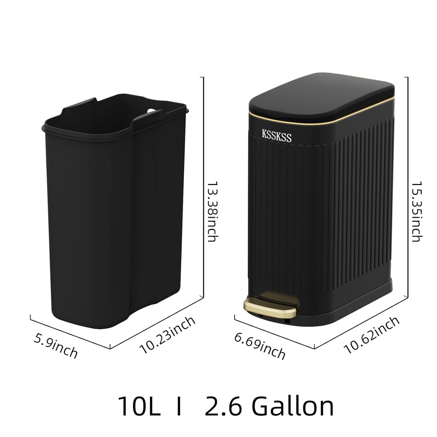 2.6 Gallon Slim Bathroom Trash Can with Soft Close Lid, 10L Stainless Steel with Removable Liner Bucket (Matt Black)