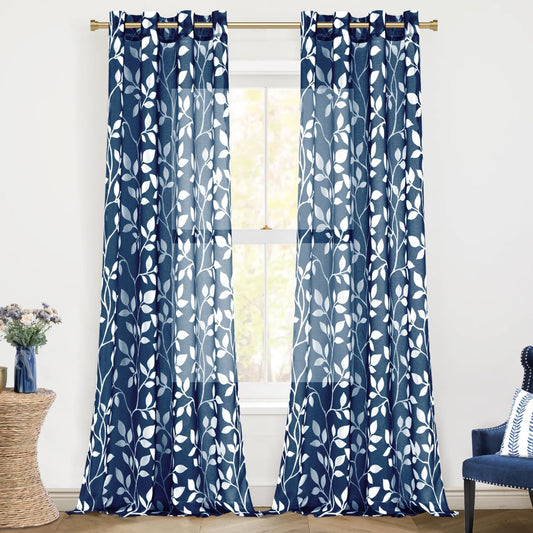 Navy Blue Pattern Curtains 84 Inch Length for Living Room 2 Panels Set,Leaf Floral Design Sheer Curtains