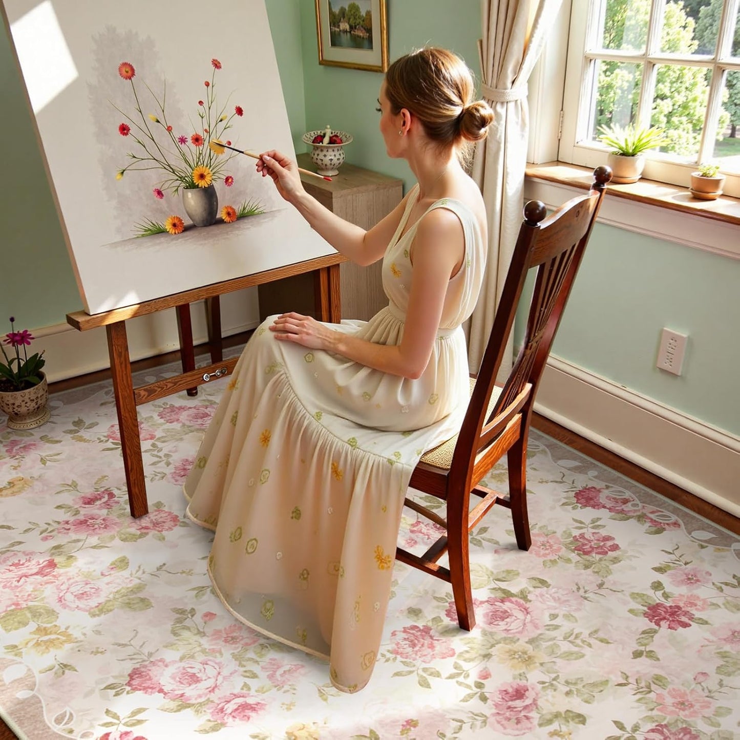 Floral Washable Rugs 5X7, Rugs for Living Room Boho Area Rug, Vintage (5'X7, Beige)