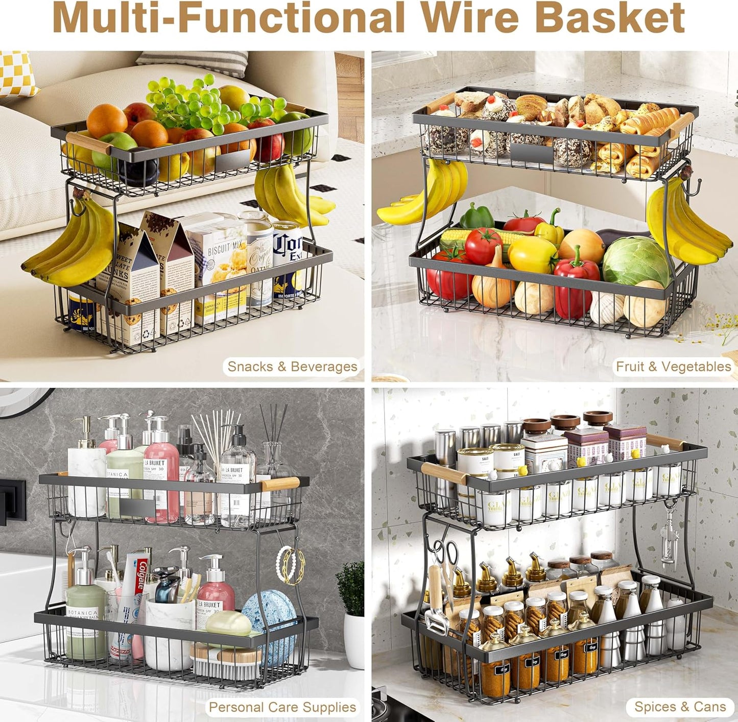 2 Tier Fruit Basket for Kitchen Counter, Wire Tiered Fruit Stand with Hangers & Handles, Black