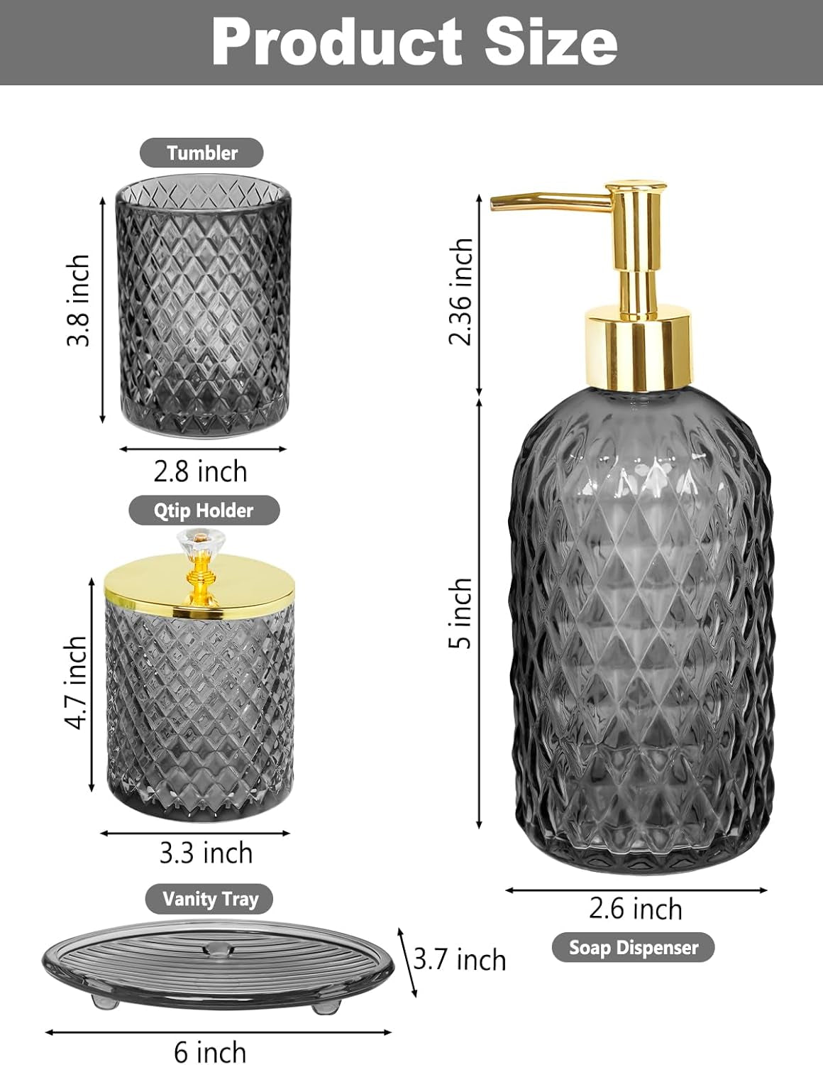 Gray Glass Bathroom Accessories Set, 4-Piece, Elegant Gold