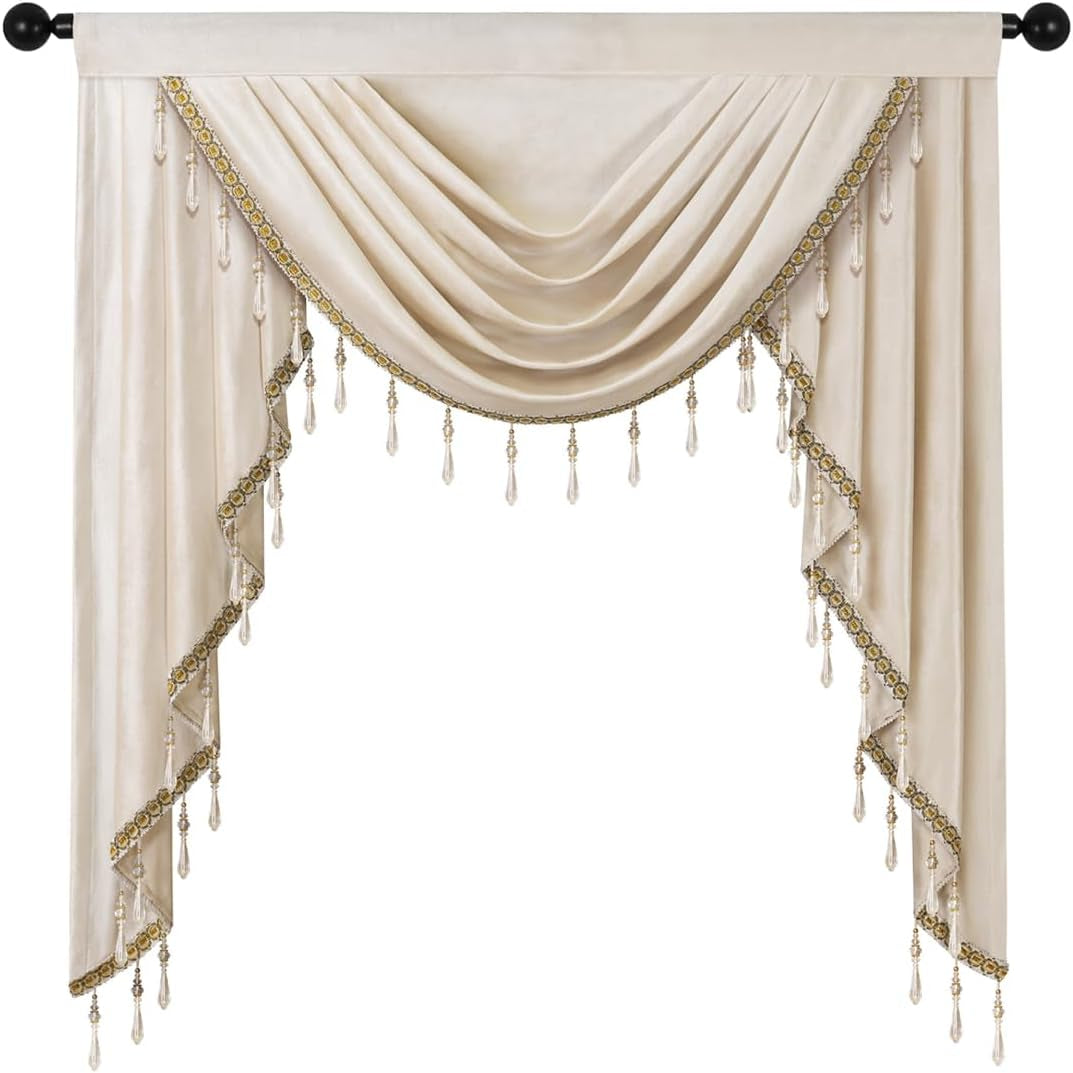 Luxury Cream Velvet Curtain with Beads (39Inch,1 Panel)