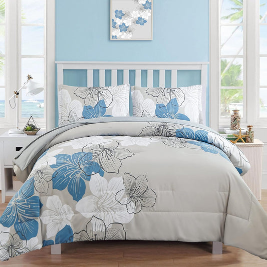 Floral Comforter Set Queen Size, Blue Floral Comforter and Sheet Set, 7 Pieces Bed in a Bag Soft Microfiber Complete Bedding Sets
