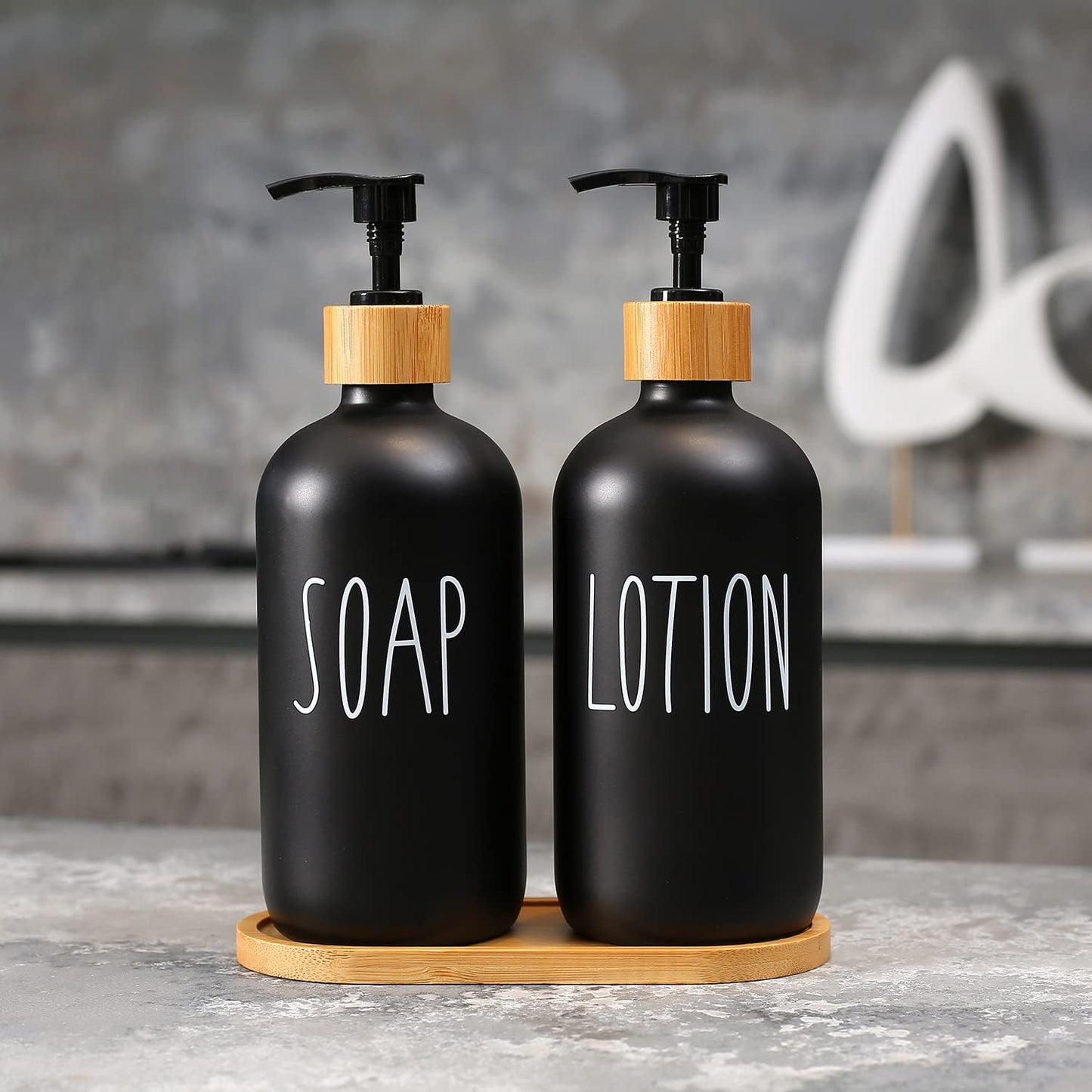 Black Dispenser Bathroom Set With Tray. Hand and Lotion