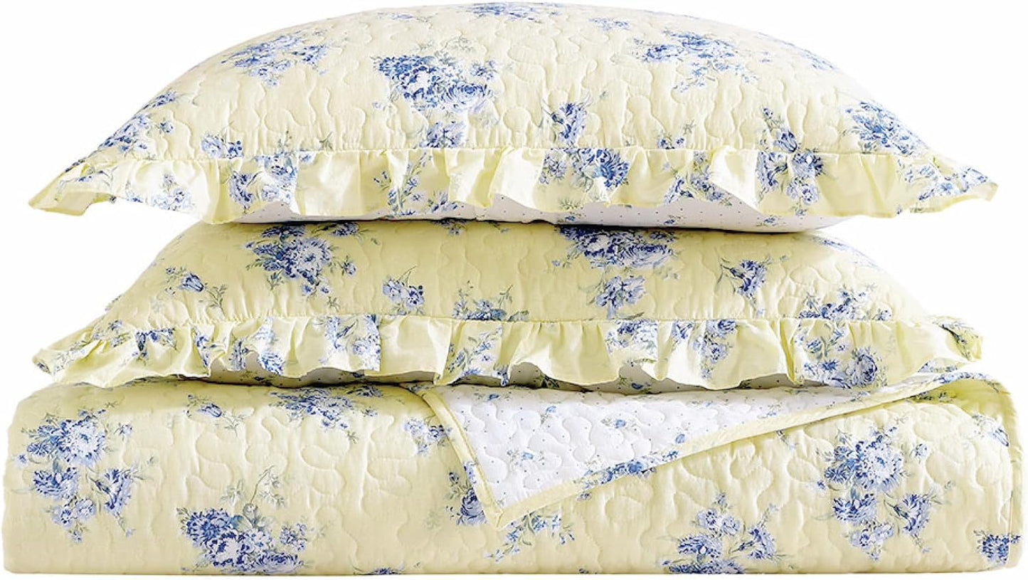 Twin Quilt Set, Reversible Cotton Bedding with Matching Sham, Elegant Amelia Yellow