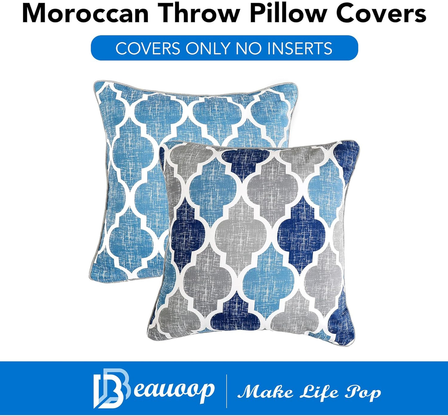 Throw Pillowcover Soft Chenille Print Moroccan Geometric 2-Sided Pattern Blue and Gray 20X20 Inch, Set of 2