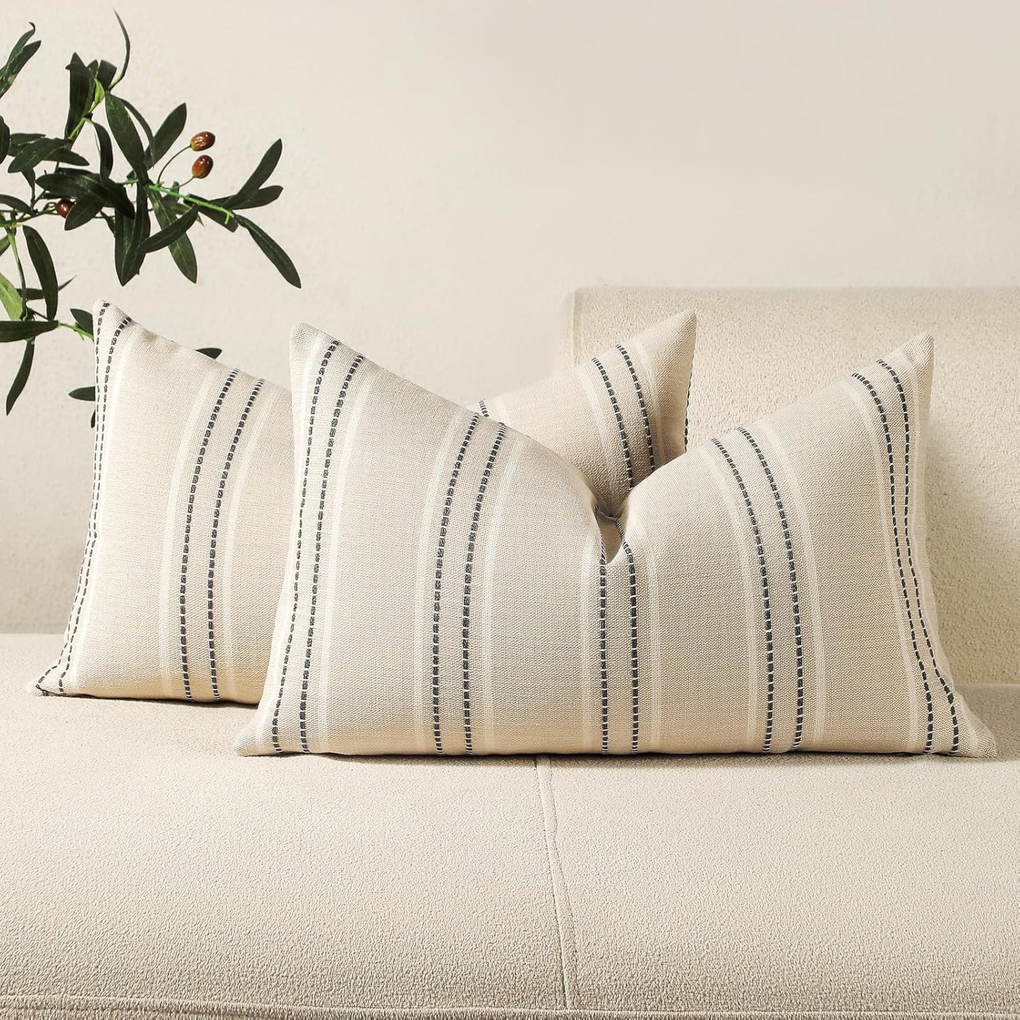 Hand Made Throw Pillow Covers 12X20 Set of 2 Striped Pillow Covers Textured Linen, Grey