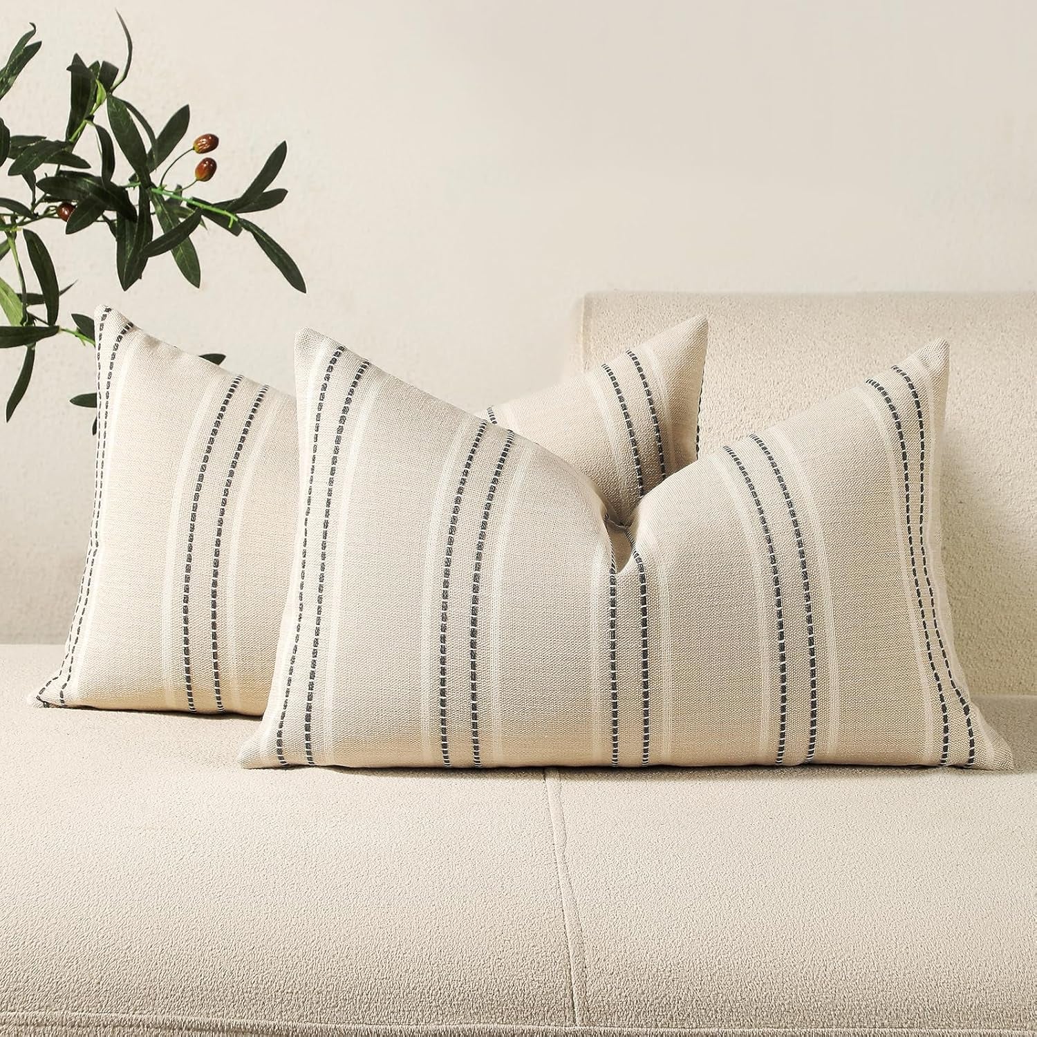 Hand Made Throw Pillow Covers 12X20 Set of 2 Striped Pillow Covers Textured Linen, Grey
